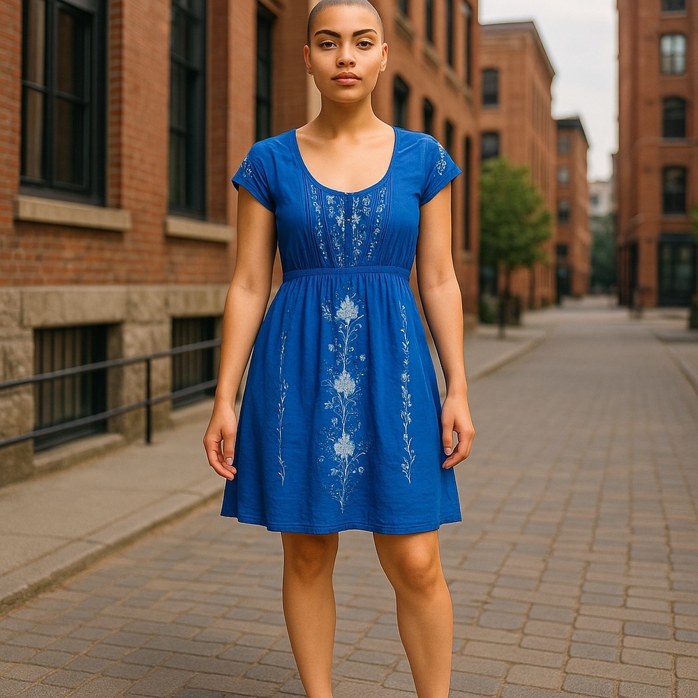 ANTHROPOLOGIE  Lil Blue 100% Cotton Embroidered Dress Size 6